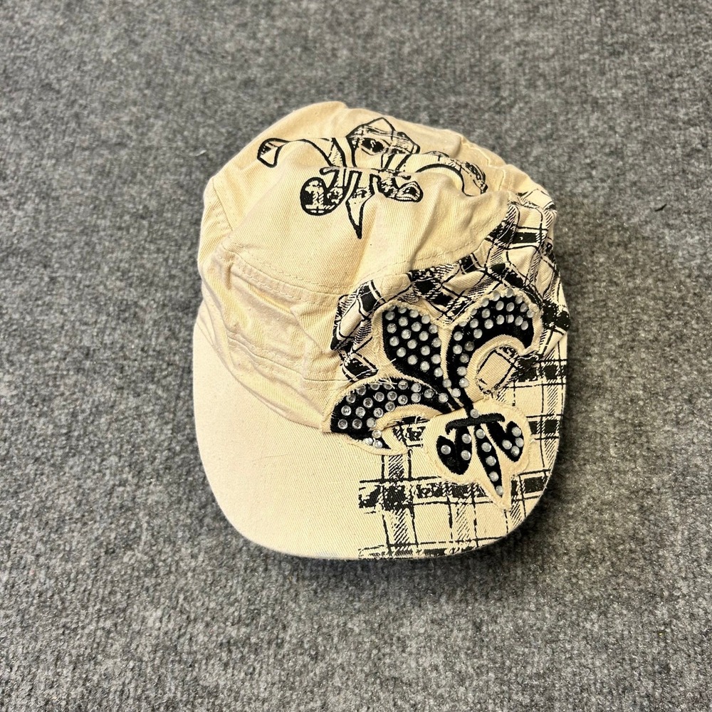 Unbranded Cadet Hat Womens OSFM Beige Fleur-De-Lis Rhinestone Plaid Military Cap